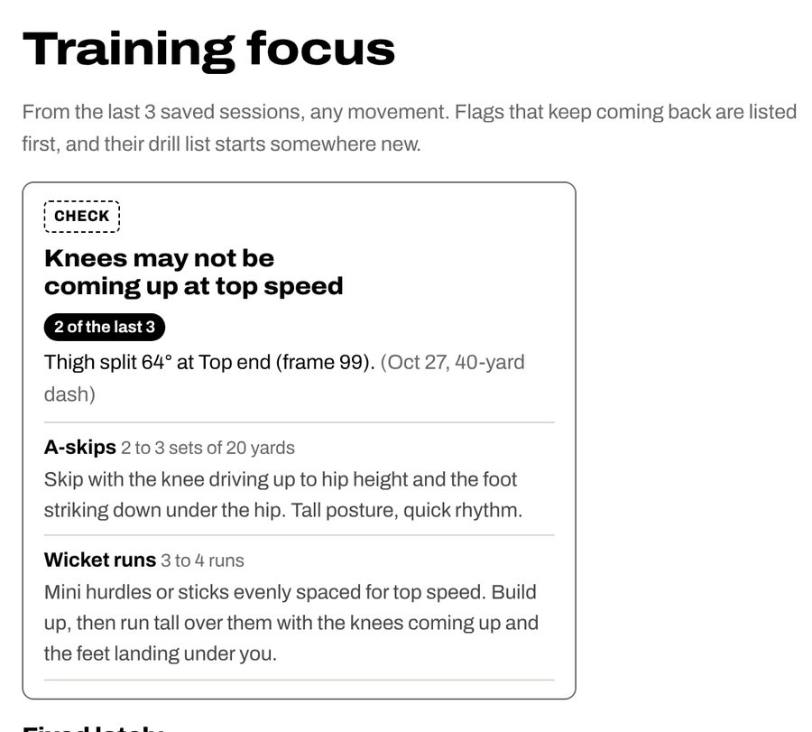 A flag marked Check, seen in 2 of the last 3 sessions, with the frame it came from and two drills
