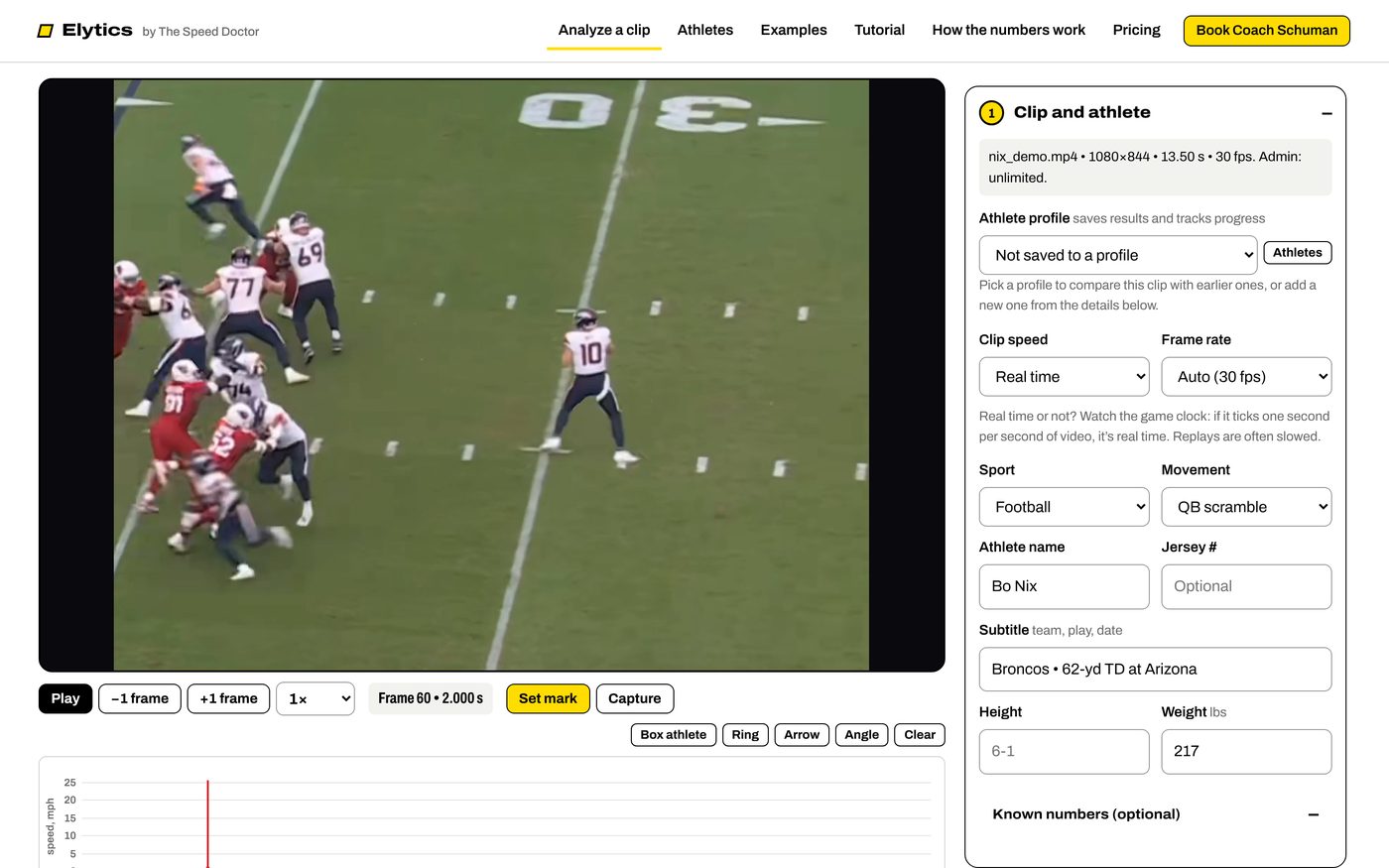Step 1 filled in for Bo Nix: football, QB scramble, weight 217, with the clip loaded
